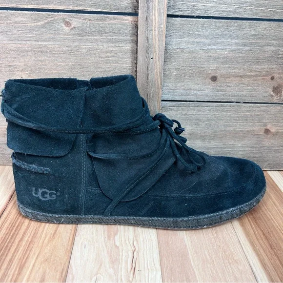 UGG Reid Moc Black Suede Booties Leather Details Sheepskin Wool Treadlite Sz 10 - Picture 10 of 14